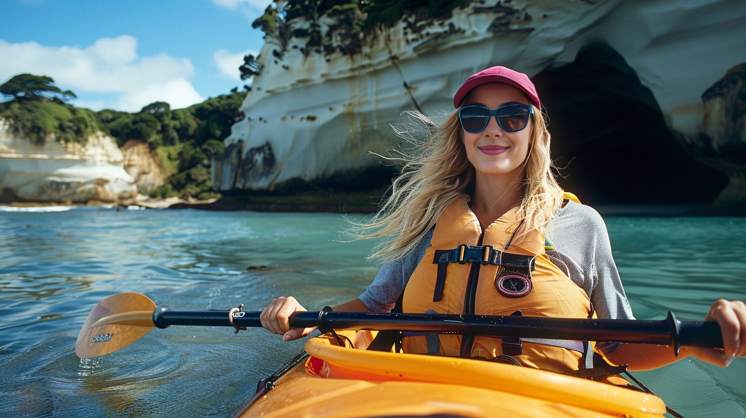 caroline in kayak in front of cathedral cove