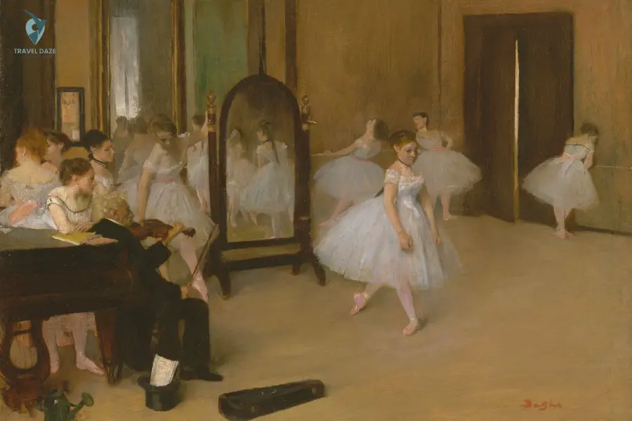 The Dancing Class, by Edgar Degas, 1870, French impressionist painting, oil on wood. This is Degas's first depiction of a dance class, painted from study drawings