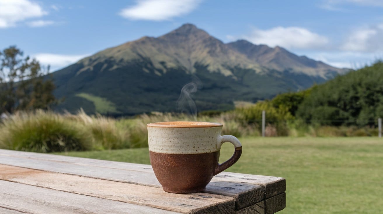 steaming flat white coffee in a rustic ceramic cup, sitting on a wooden table with a scenic New Zealand mountain range in the background