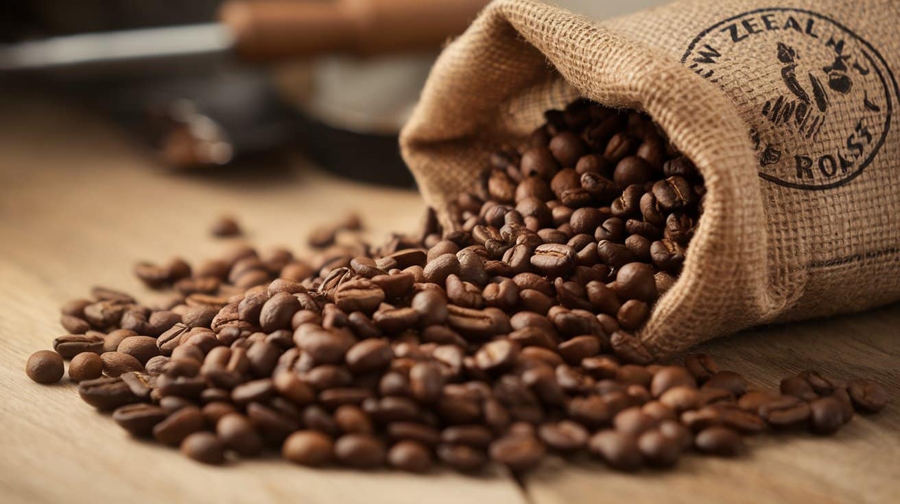 A close-up of freshly roasted coffee beans spilling out of a burlap sack, with 'New Zealand Roast' stamped on the sack