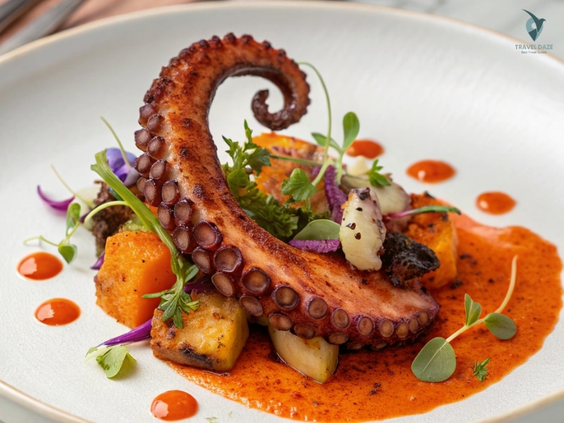 Chargrilled octopus with romesco sauce, smoked paprika oil, and seasonal root vegetables